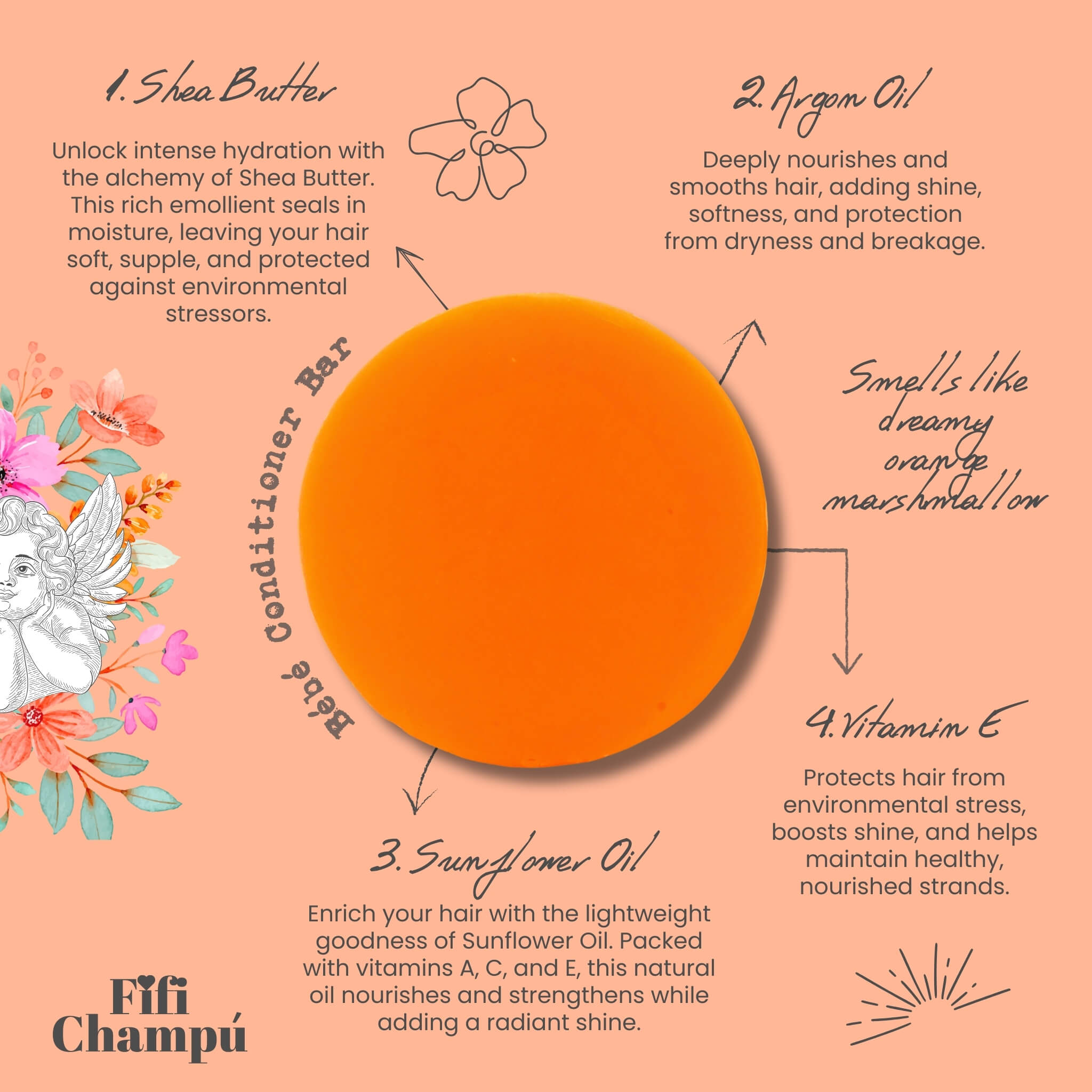 Fifi Champú Bébé conditioner bar featuring key ingredients like shea butter, honeyquat, sunflower oil, and provitamin B5 for hydration and nourishment with a dreamy orange marshmallow scent.