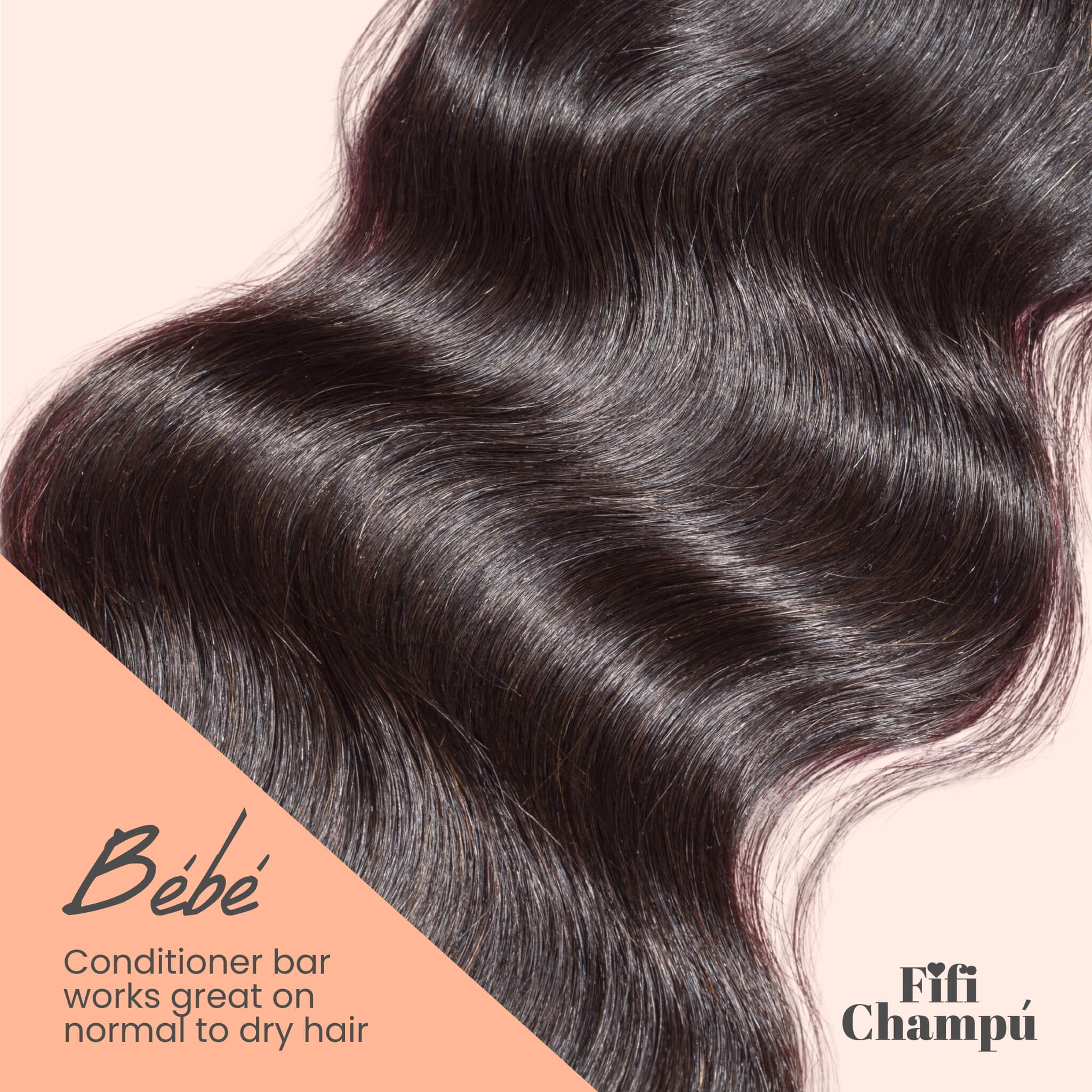 Close-up of shiny, healthy hair promoting Fifi Champú Bébé conditioner bar, ideal for normal to dry hair, with a creamy orange marshmallow fragrance.