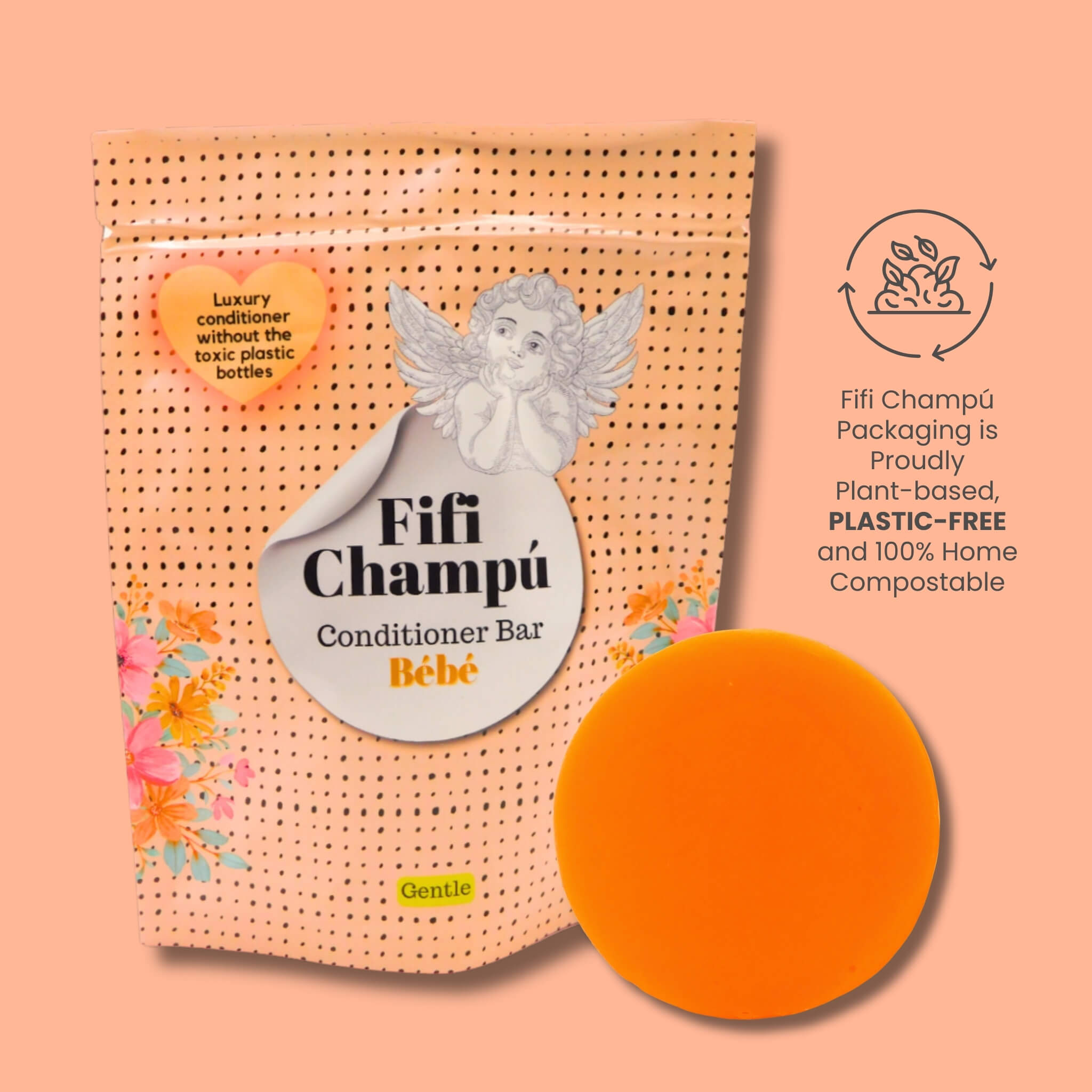 Fifi Champú Bébé conditioner bar with plant-based, plastic-free, home-compostable packaging designed for sustainable luxury haircare.