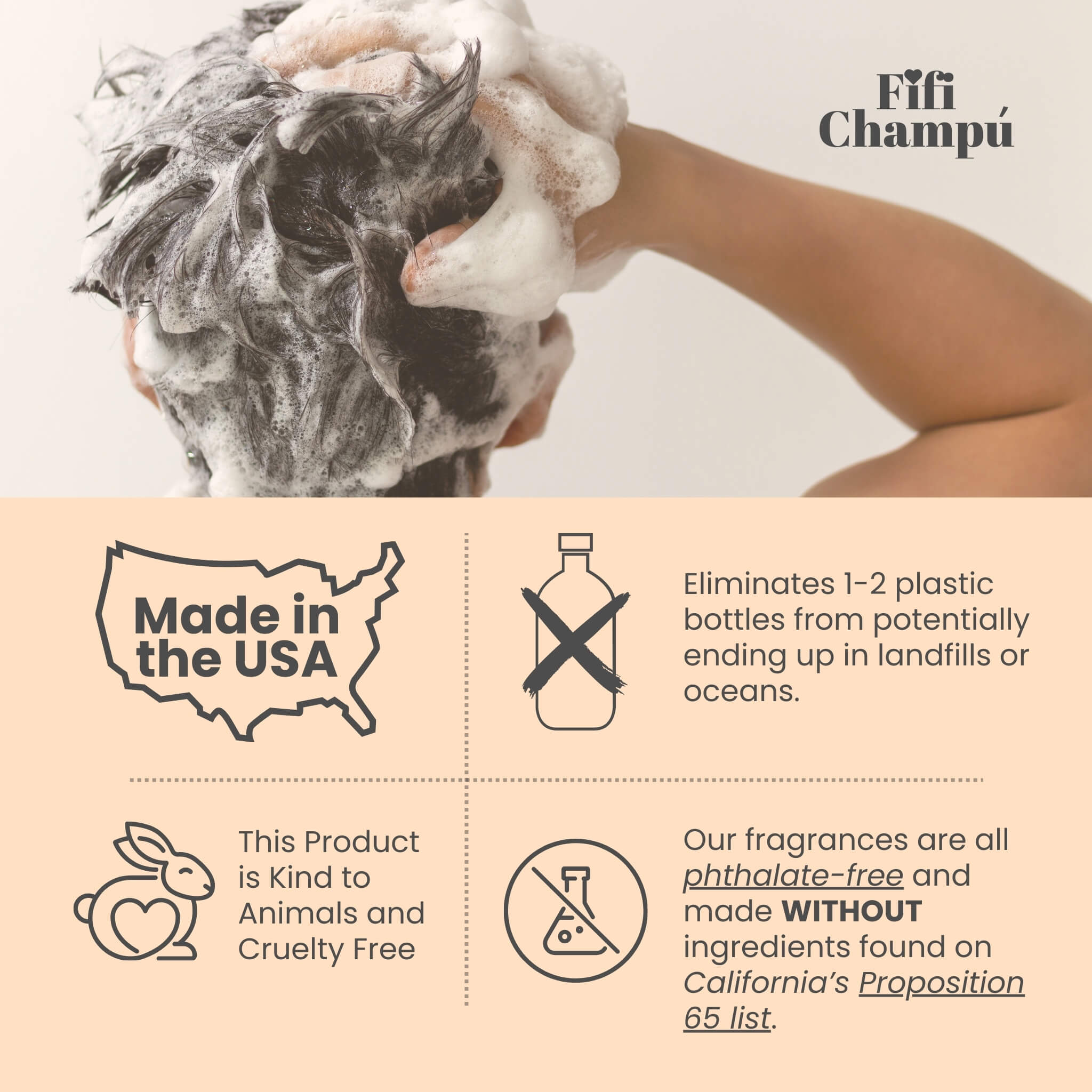 Hands lathering hair with Fifi Champú cruelty-free shampoo, showcasing Made in the USA branding, eco-friendly packaging, and elimination of plastic waste.