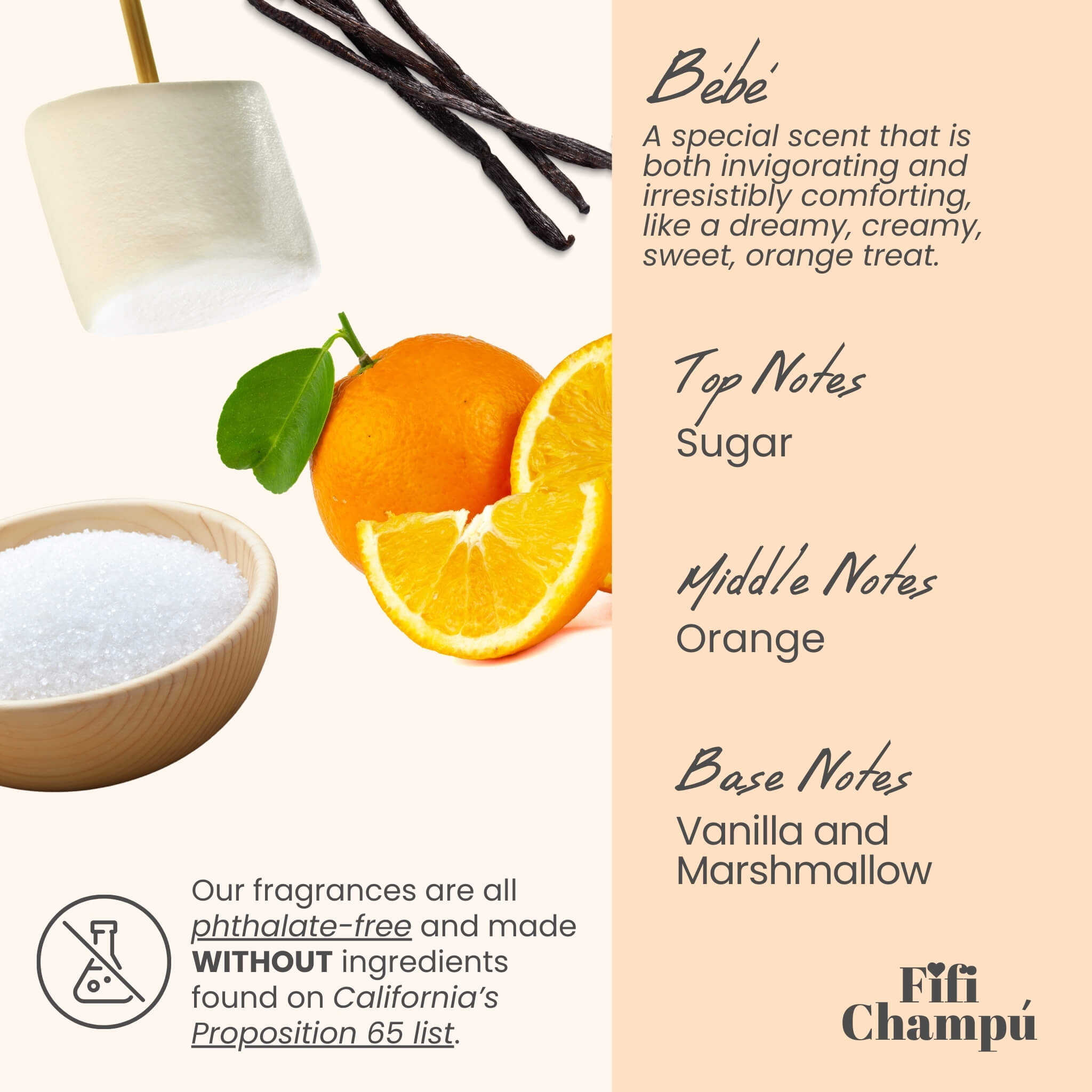 "Fifi Champú Bébé scent with fragrance notes of sugar, orange, vanilla, and marshmallow, highlighting phthalate-free and NO Proposition 65-compliant ingredients.