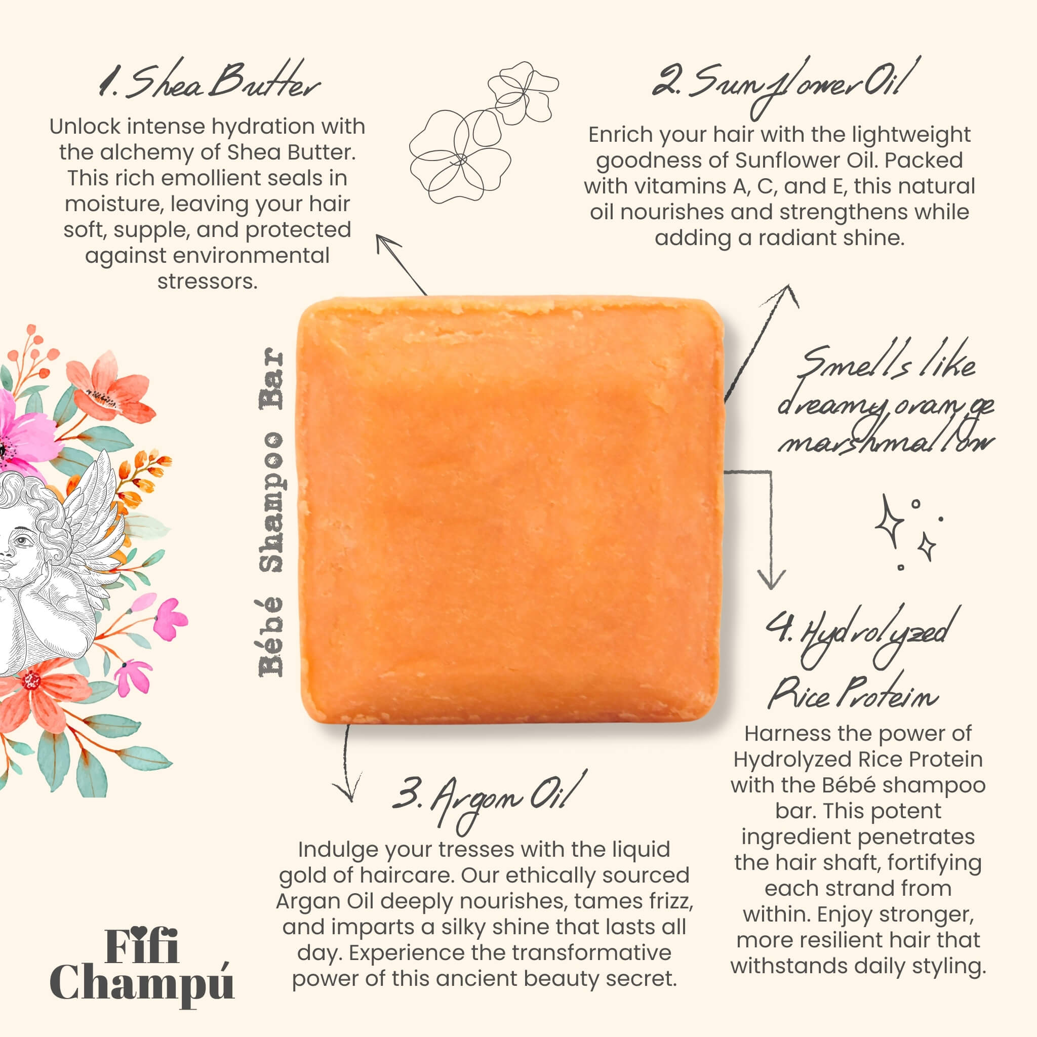 Fifi Champú Bébé Shampoo Bar infused with shea butter, sunflower oil, argan oil, and hydrolyzed rice protein for deep hydration, nourishment, and shine. Scented with dreamy orange marshmallow.