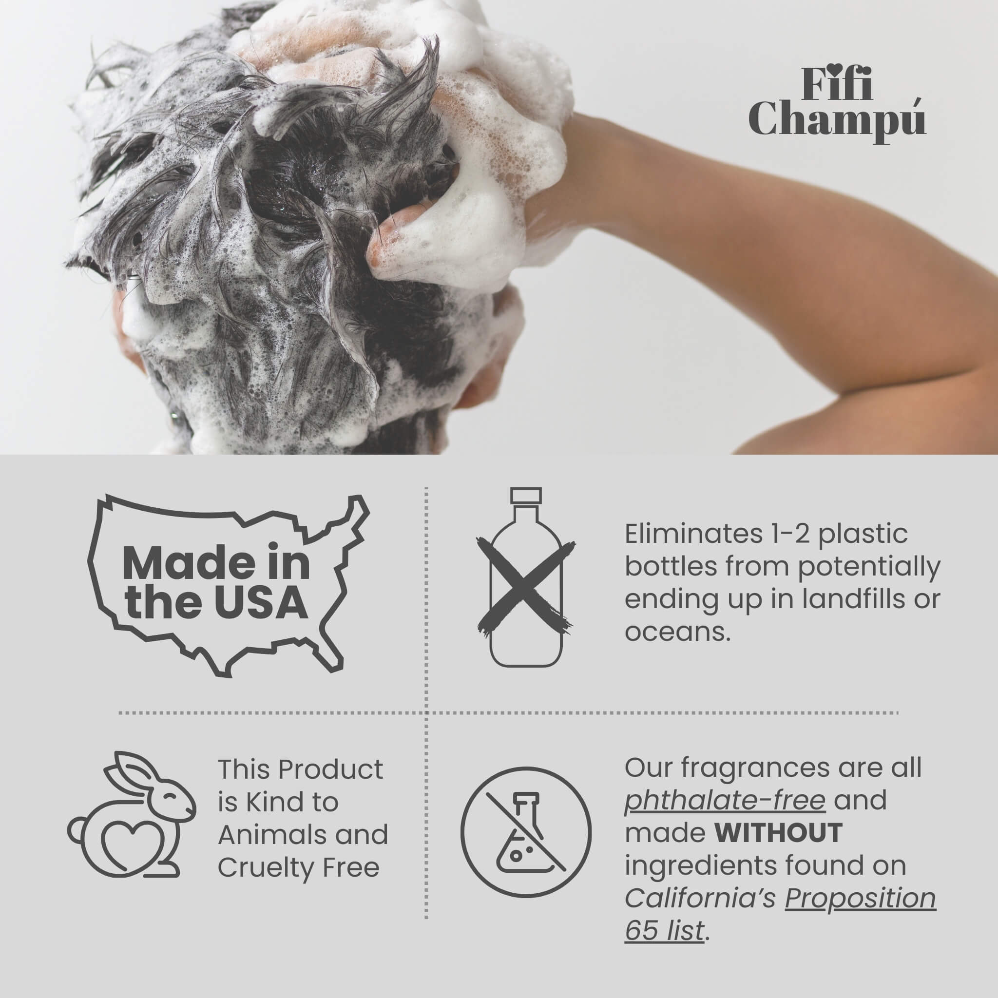 Hands lathering hair with Fifi Champú cruelty-free shampoo, highlighting Made in the USA, phthalate-free formula, and eco-friendly packaging that eliminates plastic waste.