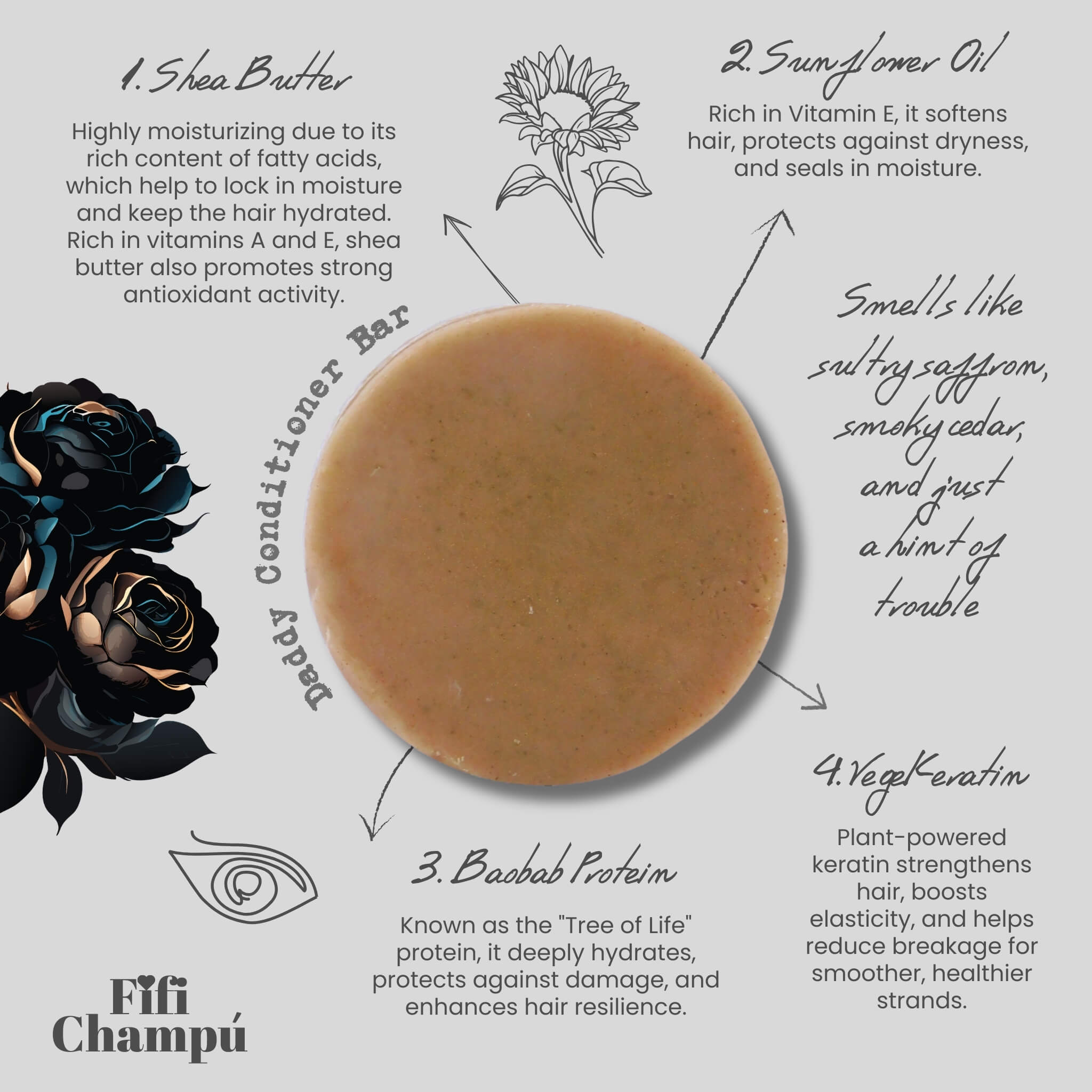 Fifi Champú Daddy conditioner bar featuring shea butter, sunflower oil, baobab protein, and plant-based keratin for deep hydration, hair protection, and elasticity with a sultry saffron and smoky cedar scent.
