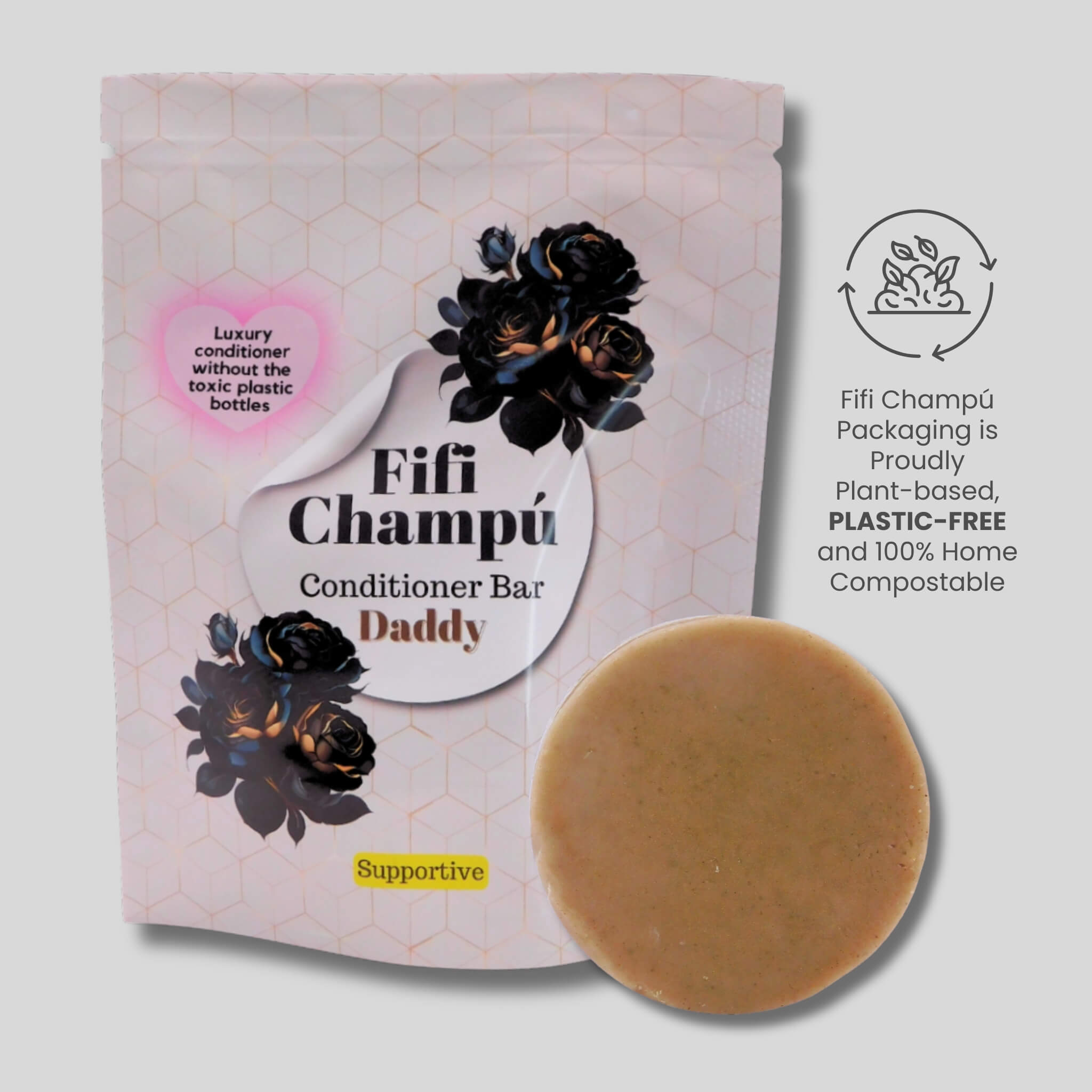 Fifi Champú Daddy conditioner bar in plant-based, plastic-free, and 100% home-compostable packaging.