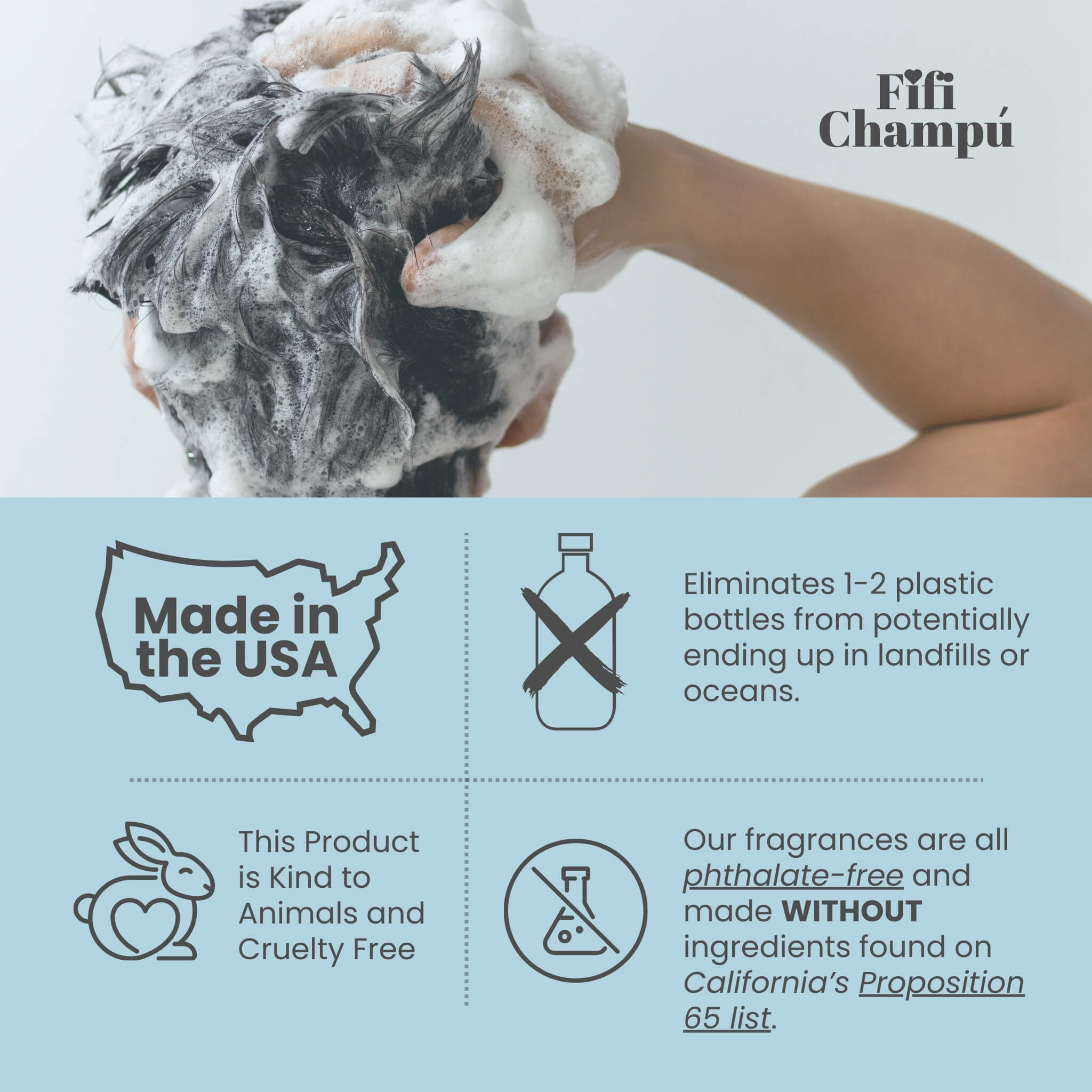 Hands lathering hair with Fifi Champú Daddy shampoo bar cruelty-free shampoo, highlighting Made in the USA, phthalate-free formula, and eco-friendly packaging that eliminates plastic waste.
