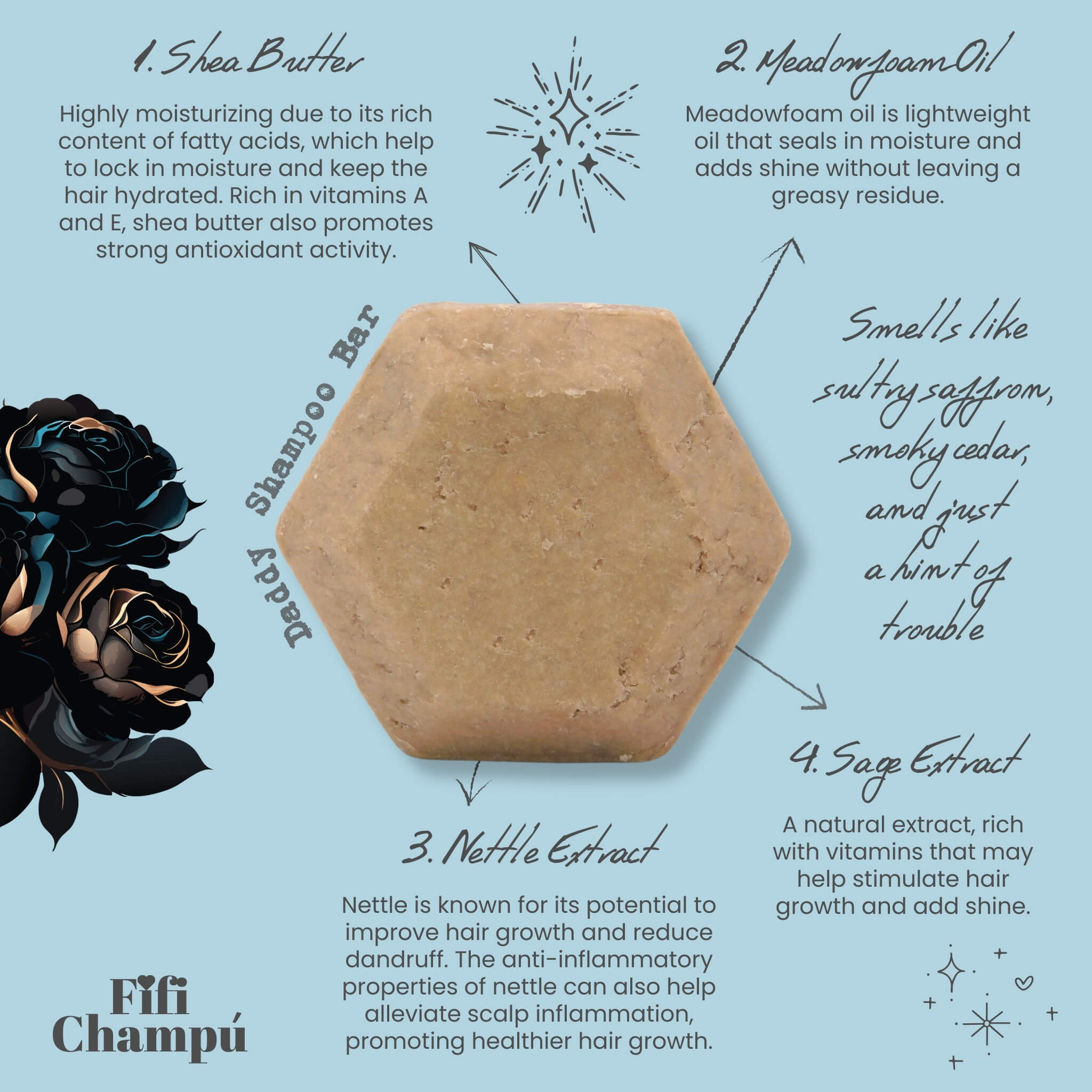Fifi Champú Daddy Shampoo Bar with key ingredients: shea butter, meadowfoam oil, nettle extract, and sage extract, shown with product and floral illustration.