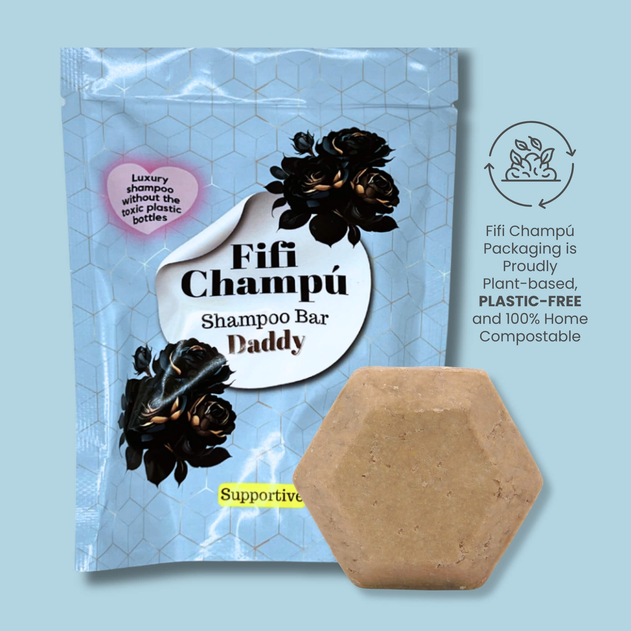 Fifi Champú Daddy Shampoo Bar in plant-based, plastic-free, home-compostable packaging, displayed with hexagon shampoo bar.