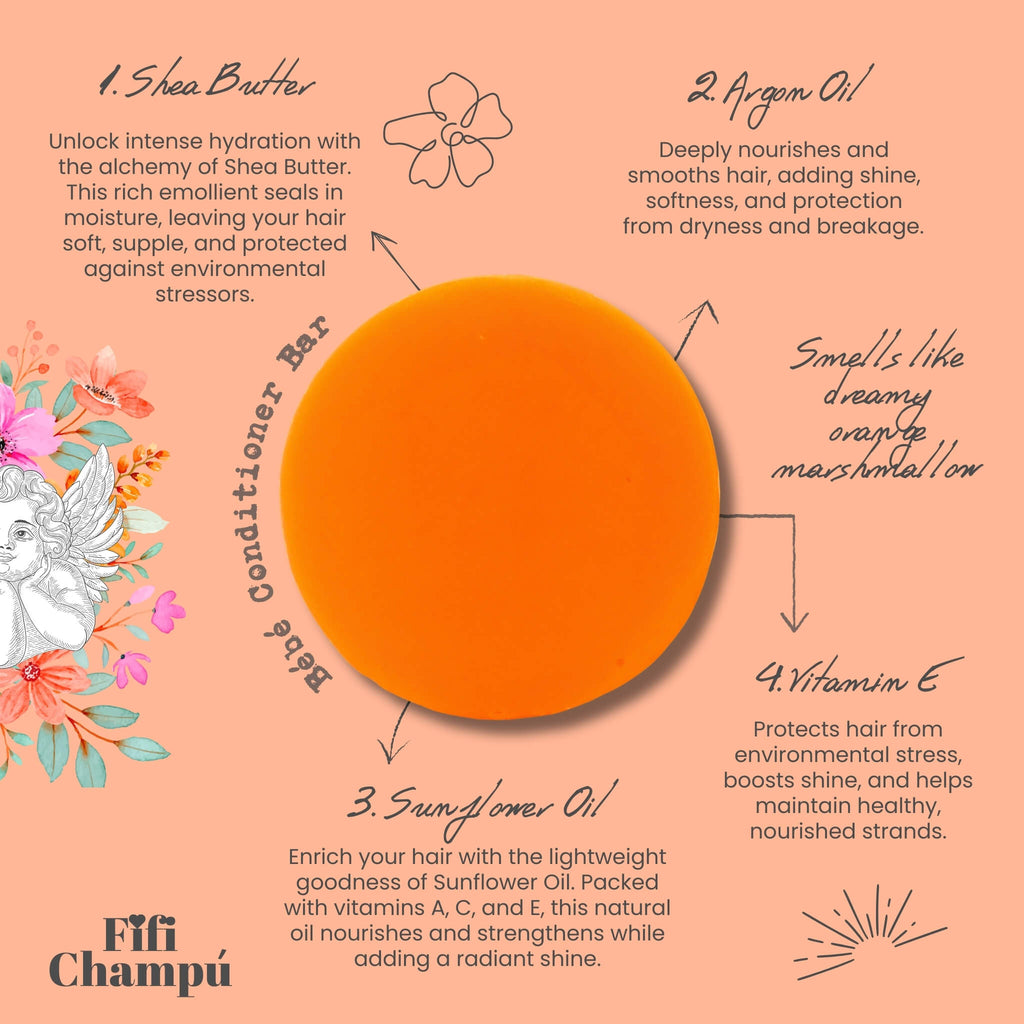 Fifi Champú Bébé conditioner bar featuring key ingredients like shea butter, honeyquat, sunflower oil, and provitamin B5 for hydration and nourishment with a dreamy orange marshmallow scent.