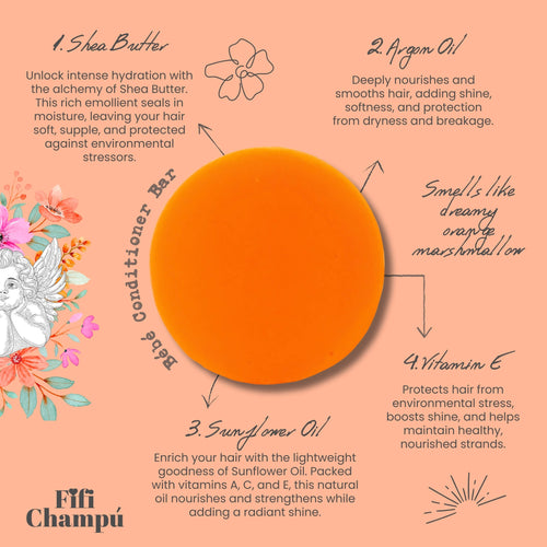 Fifi Champú Bébé conditioner bar featuring key ingredients like shea butter, honeyquat, sunflower oil, and provitamin B5 for hydration and nourishment with a dreamy orange marshmallow scent.