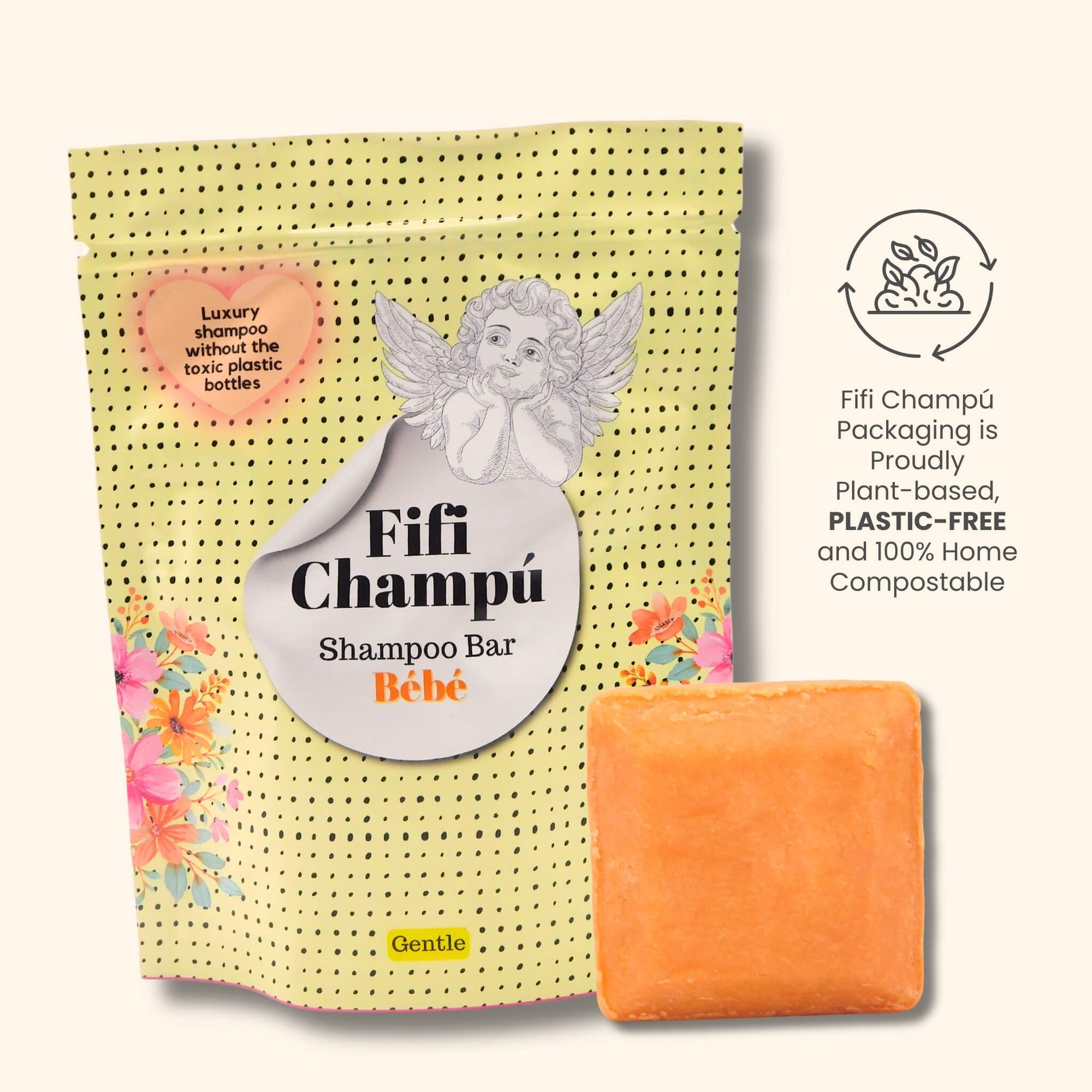 Fifi Champú Bébé shampoo bar with plant-based, plastic-free, and home-compostable packaging, designed for sustainable luxury haircare.