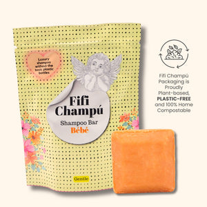 Fifi Champú Bébé shampoo bar with plant-based, plastic-free, and home-compostable packaging, designed for sustainable luxury haircare.
